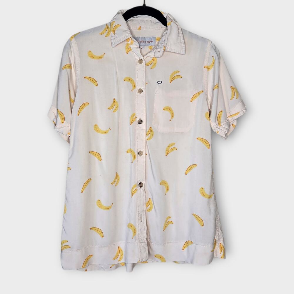 Peau De Loup Banana Print Cotton Button Down Shirt Yellow Womens XS